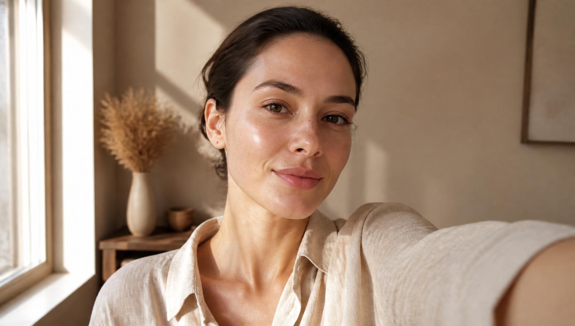 A woman in her thirties taking a bare-skin selfie in soft window light