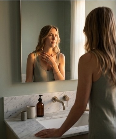 A woman in her thirties looking at her skin in a bathroom mirror