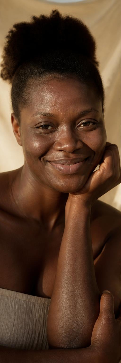 A Black woman in her thirties with natural hair, bare shoulders, warm light